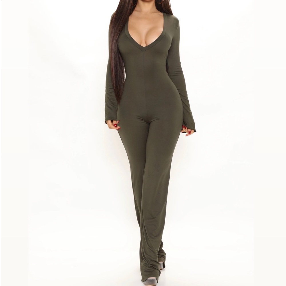 Olive Green Flared Fashion Nova Jumpsuit V Neck
